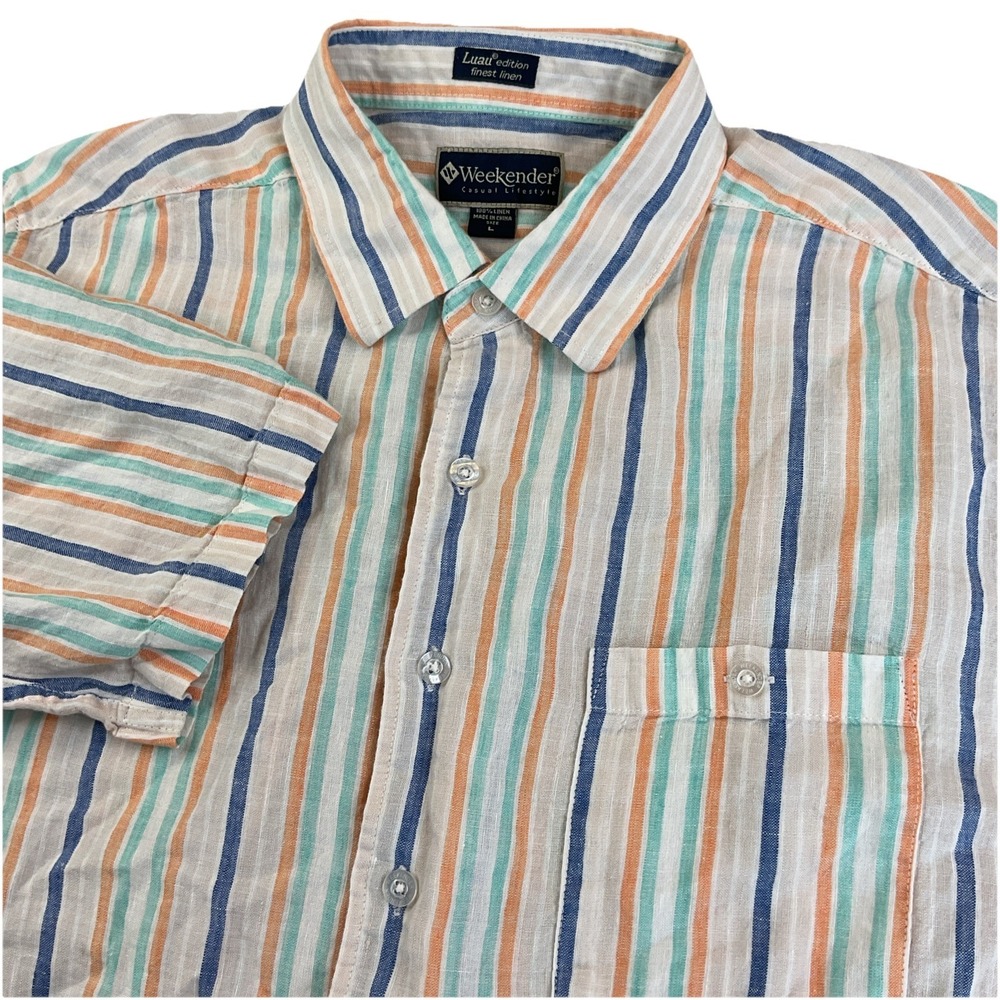 Weekender Luau Edition Shirt Men L Linen Striped Button Up Resort Short Sleeve - Picture 1 of 8